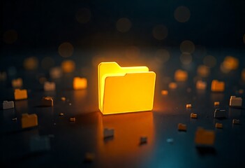 Abstract digital file folders glowing in cyberspace, representing modern data storage, cloud systems, information management, security, and seamless data flow within futuristic technology and network
