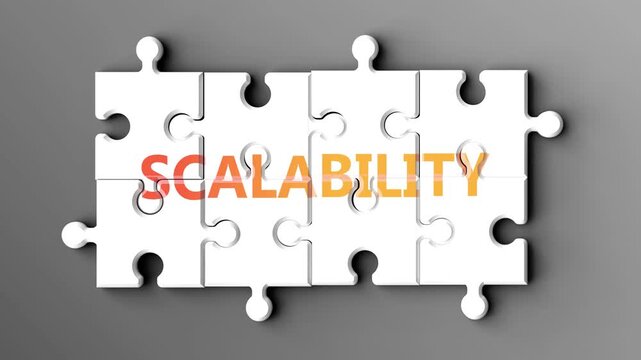 Scalability being a complex topic - puzzle pieces with word scalability coming together to make a whole. Scalability made of many fitting parts, a compound subject.