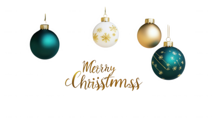 Elegant holiday greeting featuring four assorted Christmas ornaments and gold script text on black on transparent background