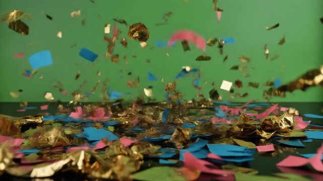 Hyperrealistic freeze-frame explosion of gold foil, electric blue, and hot pink confetti hitting a reflective surface. High-contrast flash lighting against a glossy acid green background for luxury ce