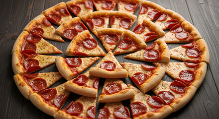 Delicious pepperoni pizza slices arranged creatively on a rustic wooden table, perfect for sharing with friends or family during a casual meal