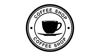 A black and white circular logo featuring a coffee cup and saucer with the words 