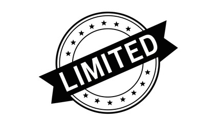 A black and white graphic illustration of a circular stamp with the word 