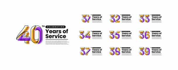 Colorful Years of Service Anniversary Logotype Set. 31, 32, 33, 34, 35, 36, 37, 38, 39, 40
