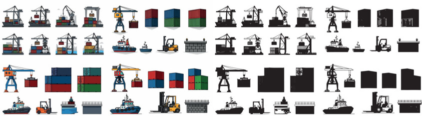 Port logistics and shipping containers with cranes