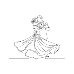 Continuous line drawing of wedding couple dancing. Vector minimalist bride and groom waltz illustration.
