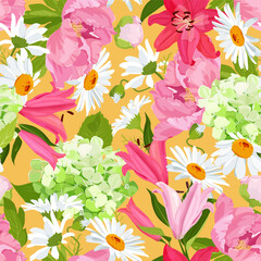 Lilies, chamomile,  hydrangeas, and peonies on a yellow backdrop create a seamless vector illustration that would be perfect for decorating textiles and packaging.