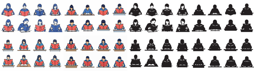 Students reading books at desks, colorful and simple