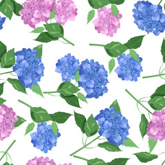 Hydrangeas on a white background create a seamless vector illustration, perfect for decorating textiles and packaging.