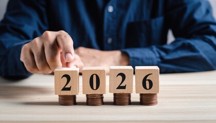 Conceptual Still Life Wooden Blocks with Numbers 2026 and Coins Stacked