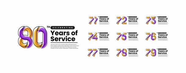 Colorful Years of Service Anniversary Logotype Set. 71, 72, 73, 74, 75, 76, 77, 78, 79, 80