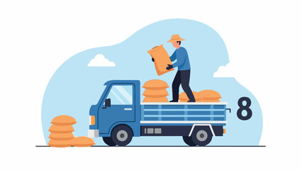Farmer loading sacks onto truck with number eight