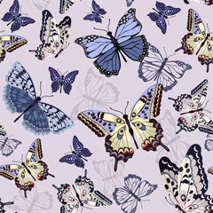 Butterflies on a blue backdrop. Ideal for decorating textiles, packaging, and paper products.