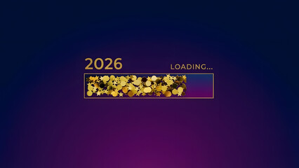 2026 loading progress with golden confetti on dark background. Perfect for New Year's greetings, event invitations, and digital design projects.