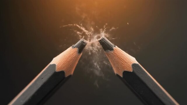 Close up of two sharpened black pencils meeting tip to tip in a moment of tension before breaking with wood fragments flying apart