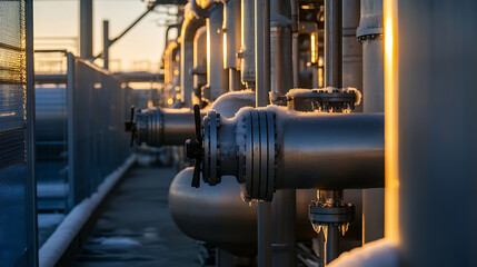 Fototapeta premium A cold, industrial landscape featuring metal pipes and valves covered in snow and icicles, illuminated by the soft, golden light of the sunset in the background.