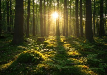 Obraz premium Golden sunlight streams through the dense green canopy of an old summer forest, illuminating ferns and moss on the tranquil woodland floor ,wild ,warm ,growth