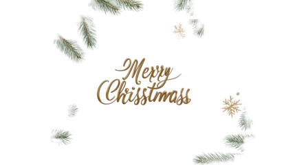 Elegant golden script text wishing merry christmas surrounded by pine branches and snowflakes on black on transparent background