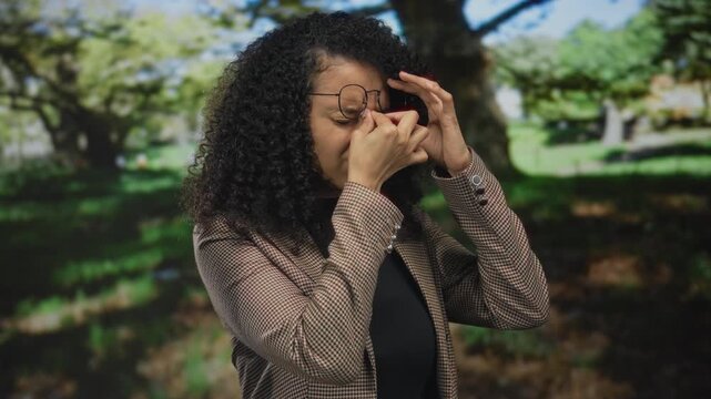 Young hispanic woman in checkered blazer rubbing eyes through round glasses and pinching nose beneath forest canopy; weariness.