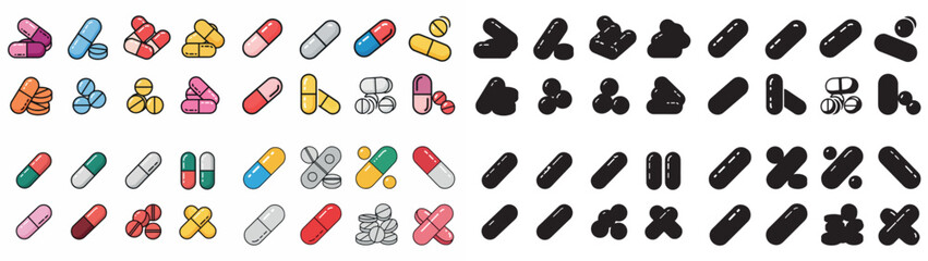 Assorted pills and capsules collection with transparent background