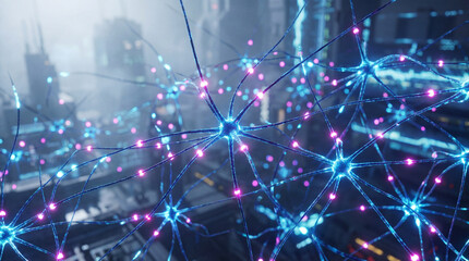 Neon network web over future city, network nodes pulse with blue and pink light as network symbolizes digital intelligence, data flow and innovation, cyber technology vision concept