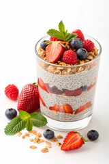 Healthy breakfast chia seed pudding with fresh berries strawberries raspberries blueberries and granola in a glass on white background isolated. Vitamin detox superfood snack.