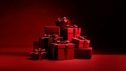 Luxurious red gifts stacked high with elegant ribbons, perfect for holiday promotions, festive campaigns and creating a warm, joyful mood