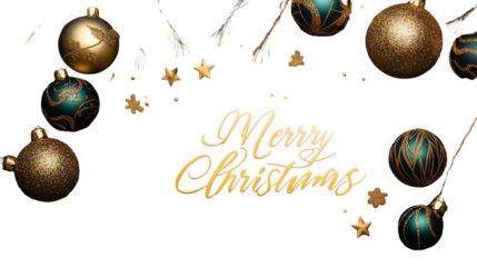 Elegant gold and teal Christmas ornaments frame luxurious golden script text against a on transparent background