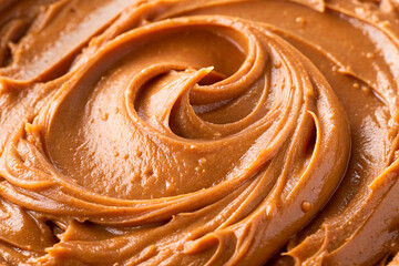 Texture of caramel sauce or peanut butter. Swirl of sweet brown cream closeup. Toffee or dulche de leche background. Melted chocolate or nut paste pattern.