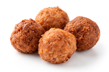 Several fried meat cutlets or meatballs isolated on white background. Homemade roasted beef pork or chicken meat balls. Delicious dinner party snack or ingredient.