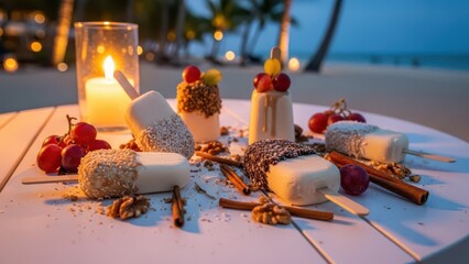 Assortment of gourmet ice cream bars and popsicles with grapes, walnuts, and cinnamon sticks on a white wooden table outdoors at night with a candle, tropical beach background