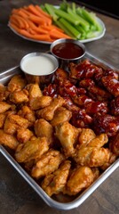 Fototapeta premium A vibrant tray showcases an assortment of crispy chicken wings coated in glossy sauces. Fresh veggies accompany the wings, creating a tempting spread for friends to enjoy
