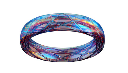 Abstract iridescent torus shape with complex geometric structure and vibrant internal light against a deep for futuristic design concepts on white background