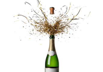 dark green champagne bottle violently erupting metallic golden confetti and streamers, cork launching, isolated against a high-key transparent background. concept of explosive celebration and success