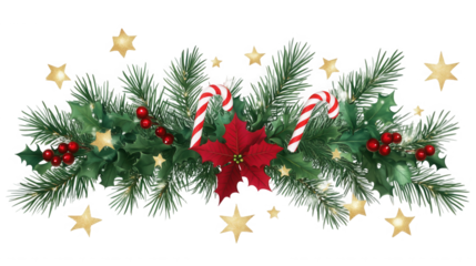 Festive Christmas garland border featuring pine branches holly berries candy canes and sparkling gold stars on transparent background