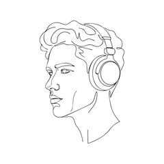 Continuous line drawing of young man wearing headphones. Vector minimalist abstract face listening to music illustration.
