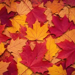 Fototapeta premium A vibrant collection of maple and oak leaves covering the forest floor, displaying brilliant autumn colors of red, orange, and gold ,scenic ,fall ,pattern