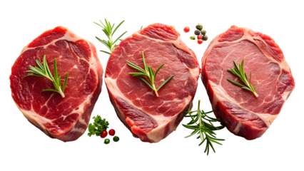 Three thick raw beef steaks garnished with fresh rosemary sprigs and peppercorns