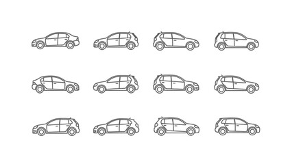 Fototapeta premium A collection of twelve car icons shown in side profile, featuring various models like sedans and hatchbacks in a simple outline style.
