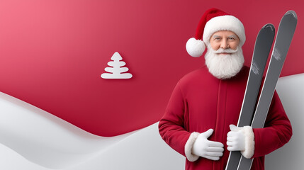 elderly man as santa claus holding skis on festive background