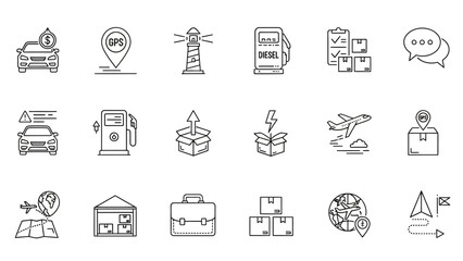 A collection of thin line icons representing logistics, shipping, and transportation concepts like GPS, delivery, and travel.