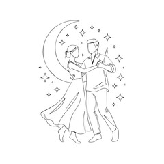 Vector line drawing of couple dancing under moon and stars. Minimalist illustration of romantic man and woman dating at night.
