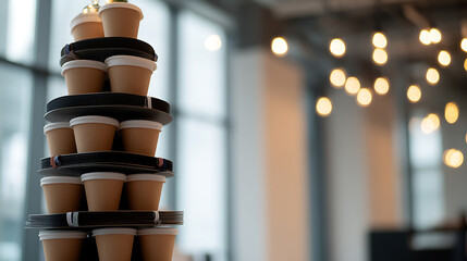 Stacked paper cups and plates form a quirky tower against a backdrop of blurred lights and soft focus. A minimalist yet intriguing composition.