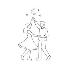 Vector line drawing of couple dancing under moon and stars. Minimalist illustration of romantic man and woman dating at night.

