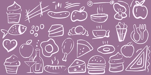 Hand-drawn food doodle pattern featuring cupcakes, pizza, chicken, eggs, fruits, drinks, snacks and kitchen elements. Fun sketch background perfect for menu design, restaurant, cafe, illustrations .