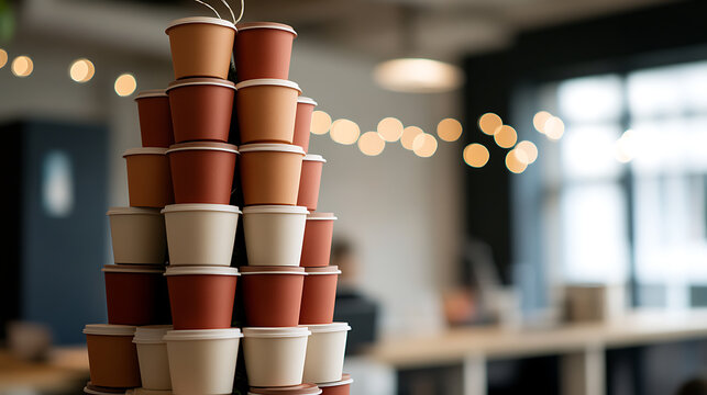 Tower of colorful disposable cups arranged indoors. Festive and fun, great for coffee breaks or celebrations. Unique, artistic stack with muted hues adding visual interest.