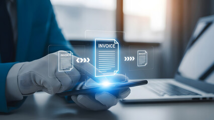 Digital invoice processing on smartphone by gloved hand, technology concept image