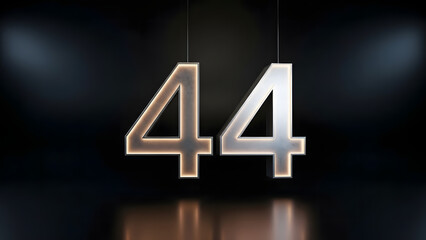 Silver number forty four isolated on black background with dramatic lighting and reflections