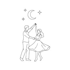 Vector line drawing of couple dancing under moon and stars. Minimalist illustration of romantic man and woman dating at night.
