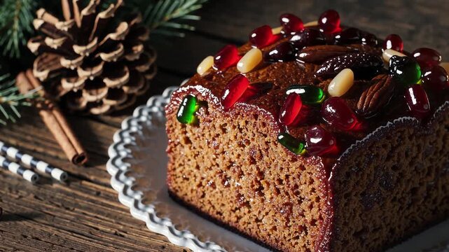 Delicious holiday fruitcake with festive decorations on rustic wood